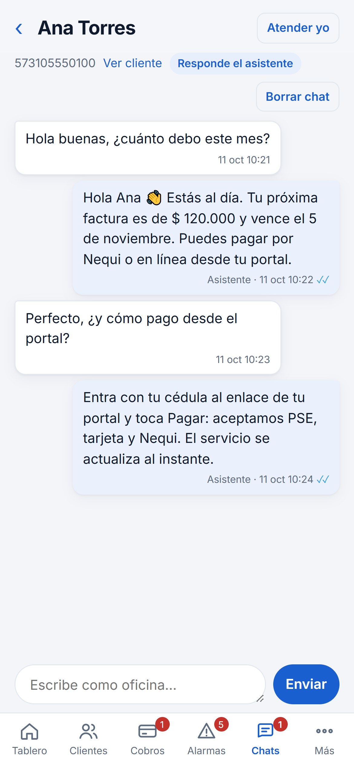 Chat de WhatsApp con el asistente