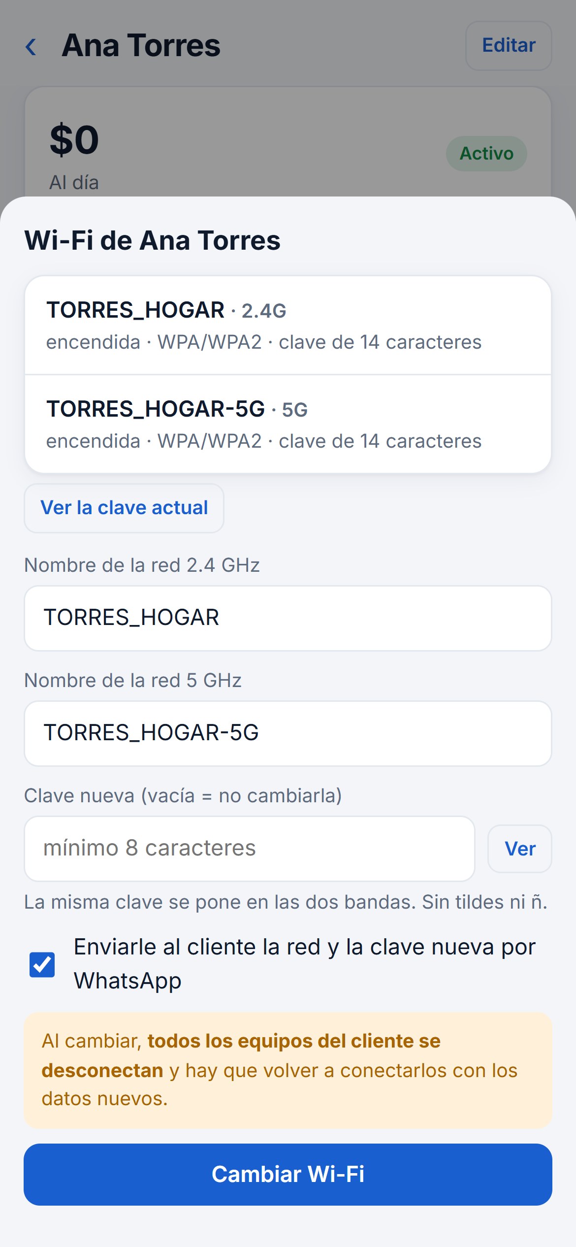 Cambio de Wi-Fi del cliente
